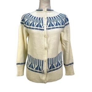 Vintage Cardigan Handmade Knit Fairisle Acrylic Jeanne Legpage Ivory Blue Winter